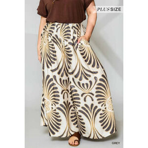 WC4390 GRY Umgee Feather Print Wide Leg Pants Plus Sizes